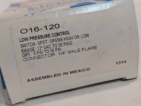 O16-120 Ranco Low Pressure Control Spdt 12in Vac-50 Psi Diff 5-35 1/4 Flare
